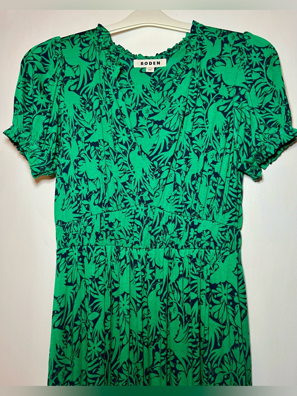 Boden Green Bird Floral Maxi Dress Smocked Waist Cotton Size 2R EUC